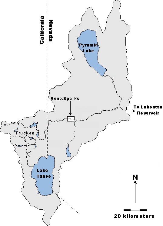 Truckee watershed map showing Lake Tahoe and Pyramid Lake